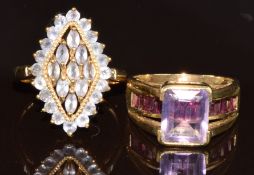Two 9ct gold rings, one set with amethyst and the other with tanzanites, 8g, size P