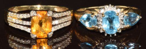 Two 9k gold rings, one set with topaz and diamonds and the other citrine and diamonds, size P, 5g
