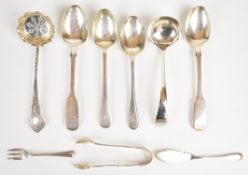 Victorian and later hallmarked silver cutlery comprising sauce ladle, sifter ladle, sugar tongs,