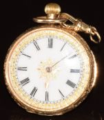 Unnamed 14ct gold keyless winding open faced pocket watch with gold hands, black Roman numerals,