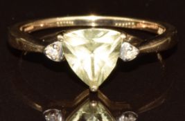 A 9ct gold ring set with a trillion cut csarite and diamonds, with certificate, 1.8g, size N/O