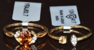 Two 9k gold rings, one set with an oval cut cognac zircon and diamonds and the other Ceylon Imperial