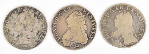 Three 19th century French Ecu silver coins comprising 1726, 1765 and 1783