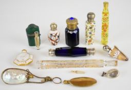 A collection of 19thC and later scent / perfume bottles including shagreen cased, porcelain shell,