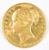1873 Queen Victoria gold full sovereign with young head and shield reverse, die number 3, F