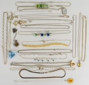 Twenty one silver necklaces / chains including ribbon, citrine, glass beads, etc, 273g