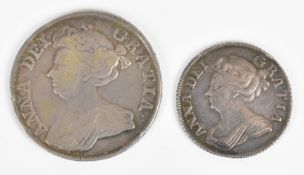 Two Queen Anne coins comprising 1713 half crown and 1708 shilling, both with plain angles