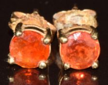 A pair of 9k gold earrings set with round cut sunset rubies, with certificate, 1g