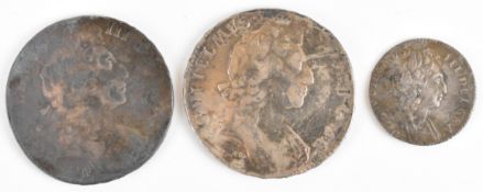 1696 William III sixpence, C below bust for Chester, 1697 William III half crown and a further