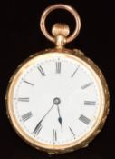 Unnamed 14ct gold keyless winding open faced pocket watch with blued hands, black Roman numerals,