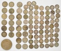 Approximately 46g of pre-1920 silver 3d coins together with 128g pre-1947 British silver coinage