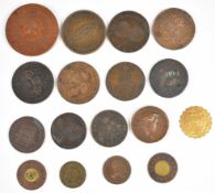 World tokens and commemorative medallions to include 1788 Barbados penny, 1837 Canadian penny bank