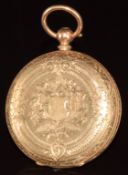 Waltham 9ct gold open faced pocket watch with blued hands, black Roman numerals, engraved gold