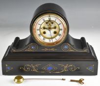J W Benson black marble or slate mantel clock with inlaid blue stone panels and gilt decoration, the