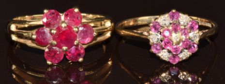 Two 9ct gold rings, one set with rubies and diamonds and the other rubies, 4.9g, size N & P