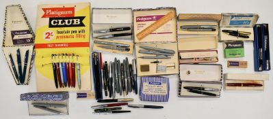Large quantity of Platignum vintage fountain pens, propelling pencils, pen sets, point of sale