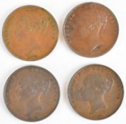 Four Victorian copper pennies comprising 1853, 1854, 1855, and 1858, mostly fine/VF