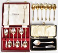Set of six hallmarked silver gilt apostle spoons, cased set of six hallmarked silver teaspoons,
