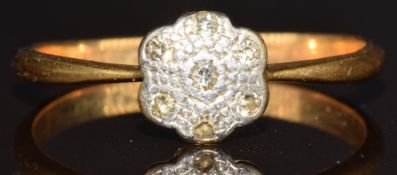 Art Deco 18ct gold ring set with seven diamonds in platinum setting, 2g, size O