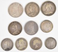 Victorian / Edwardian silver coinage comprising 1887, 1891, 1896 crowns, half crowns etc, 195g
