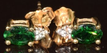 A pair of 9k gold earrings set with oval cut AAA tsavorite and zircons, with certificate, 1.2g