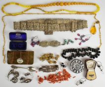 A collection of jewellery including banded agate earrings, three pairs of Victorian silver earrings,