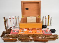 Oak or ash lined humidor, large collection of cigars in packets, tubes and loose, some unopened,