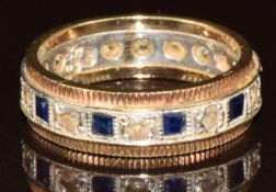 A 9ct gold bi-coloured ring set with spinel and synthetic sapphires, 3.4g, size J/K