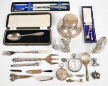 Hallmarked silver items comprising novelty pair of salts formed as swans, capstan inkwell, caddy