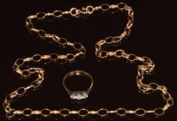A 9ct gold necklace made up of oval links (5.5g, 50cm) and a 9ct gold ring set with quartz (1.2g)