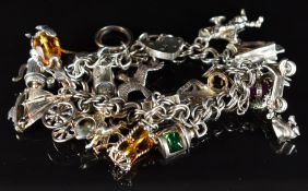 A silver charm bracelet with nineteen charms including sailing boat, dog in a kennel, rabbit