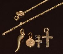 A 9ct gold chain (damaged, 1.7g) and four 9ct gold charms including chilli, St Christopher and two