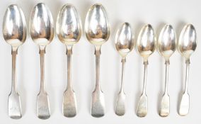 Victorian hallmarked silver Fiddle pattern spoons comprising two pairs of dessert spoons and a set