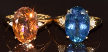 Two 9k gold rings, both set with treated topaz and diamonds, size P, 6.5g
