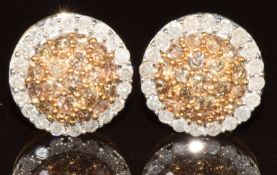 A pair of 9k gold earrings set with champagne diamonds and diamonds in a cluster, 2.9g