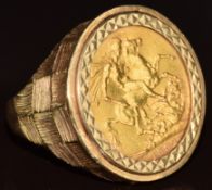 A 9ct gold ring set with an 1892 gold full sovereign with Melbourne Mint mark, 17.1g, size R