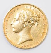 1852 Queen Victoria gold full sovereign with young head and shield reverse, VF