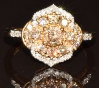 A 9k gold ring set with Cape champagne diamonds and diamonds, total 1ct,  with Gemporia certificate,