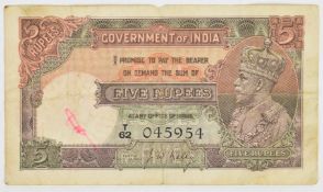 Government of India 1928-35 George V Five Rupees banknote signed J.W. Kelly with Star of India