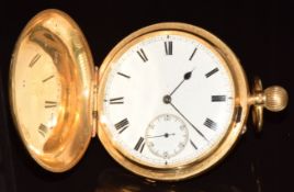 Unnanmed 18ct gold keyless winding full hunter pocket watch with inset subsidiary seconds dial,