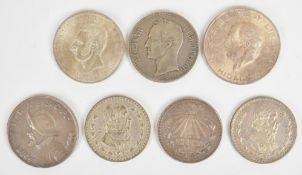Seven 20th century silver coins from Mexico, Ecuador, Venezuela and Panama consisting of a high-