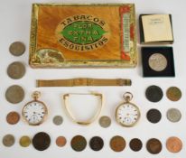 Two Waltham / Elgin gold plated pocket watches, wristwatches and coins including boxed 1951 crown,
