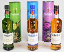 Three bottles of Glenfiddich single malt Scotch Whisky comprising Original 12 Year Old, Bourbon