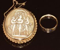 A 9ct gold ring (damaged, 1.8g, size P)and a yellow metal brooch set with a cameo depicting the