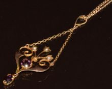 Edwardian 9ct gold pendant set with split pearls and paste, on 9ct gold chain, 5.7g, 54cm