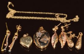 Three pairs of 9ct gold earrings, two gold lockets and a damaged chain, 7.4g