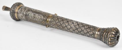 Eastern silver novelty model of a cannon with embossed decoration, appears unmarked, length 39cm,