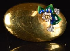 An 18ct gold brooch set with enamel and diamonds in a floral design, 16.3g, 5 x 3.2cm