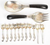 Pair of Eastern silver salad or similar servers length 24.5cm, together with eleven various