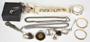 Chicago American souvenir spoon, silver necklace marked 925, hallmarked silver napkin ring, silver